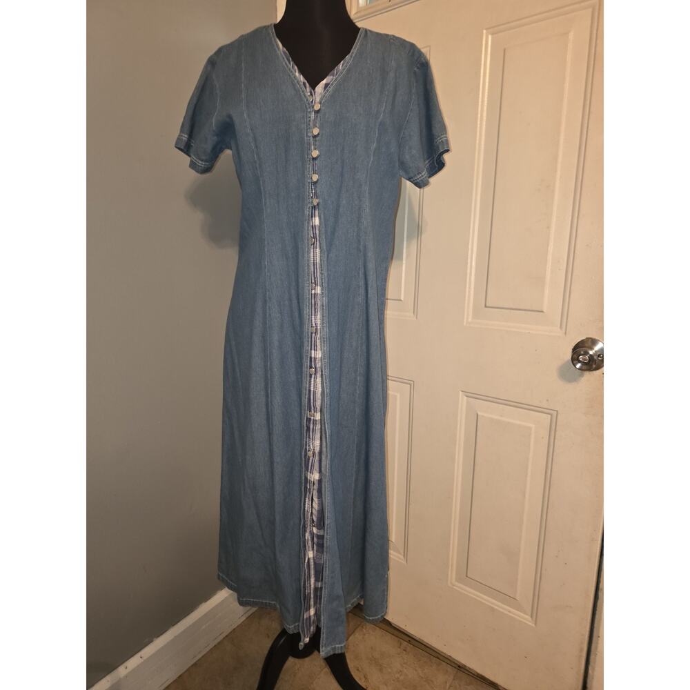 90s Erika Casuals Blue Denim Dress Button Front Plaid Slit Teacher M See Measure
